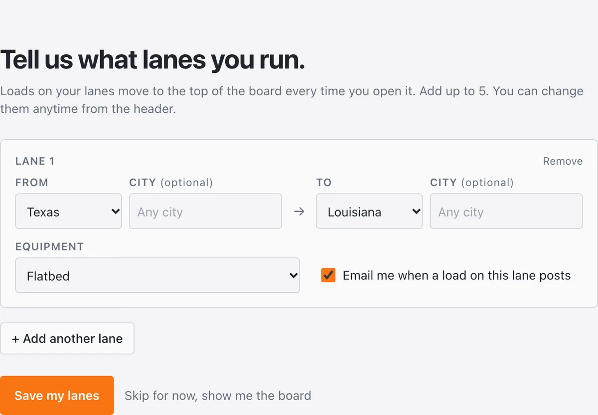 The lanes form with Lane 1 set from Texas to Louisiana, Flatbed, and Email me when a load on this lane posts ticked