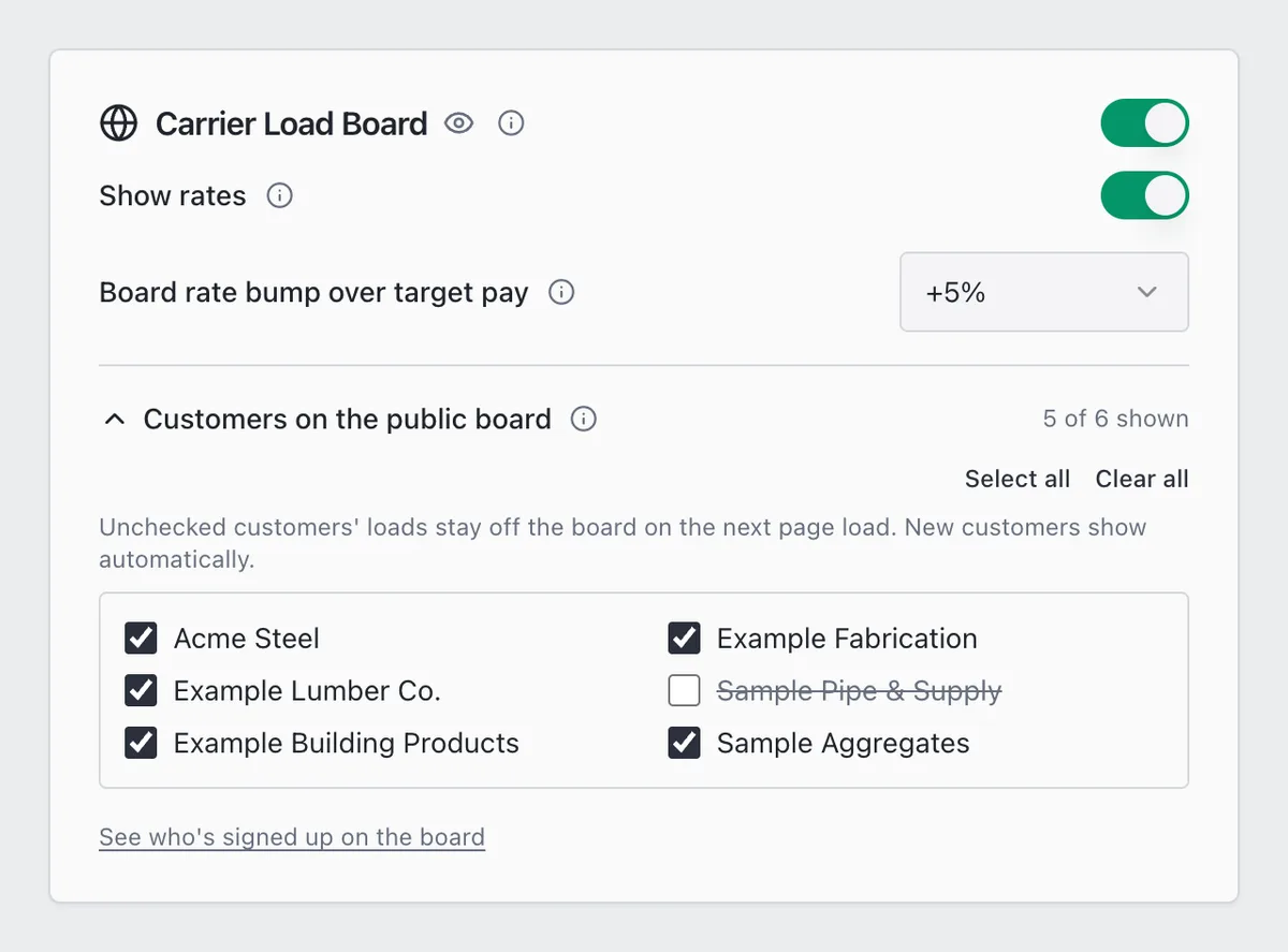The Carrier Load Board card: the main switch and Show rates on, a +5% bump, and the customer list with one customer unchecked