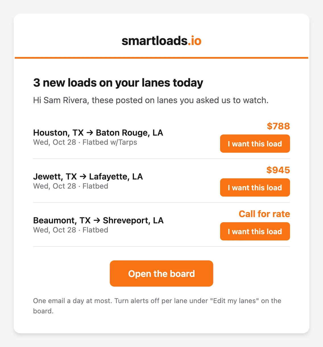 A lane alert email listing three loads with board rates or Call for rate, each with an I want this load button