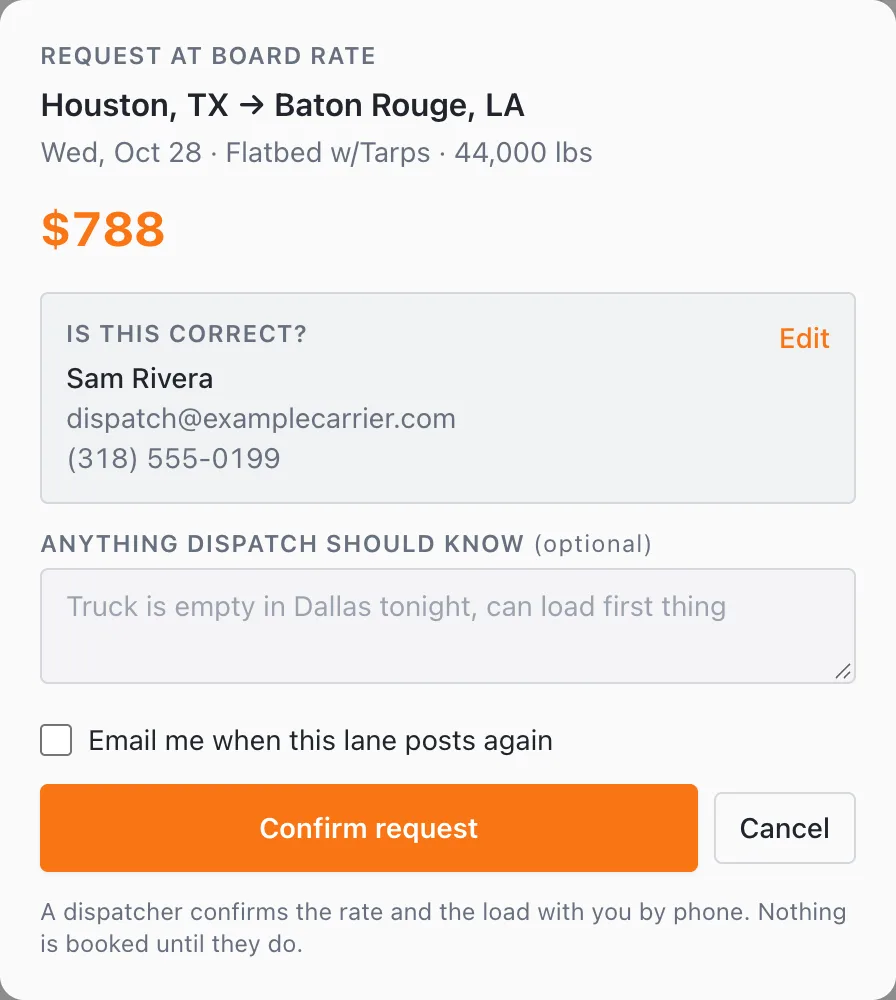 The request window for a Houston to Baton Rouge load at $788, with the carrier's details and the Confirm request button