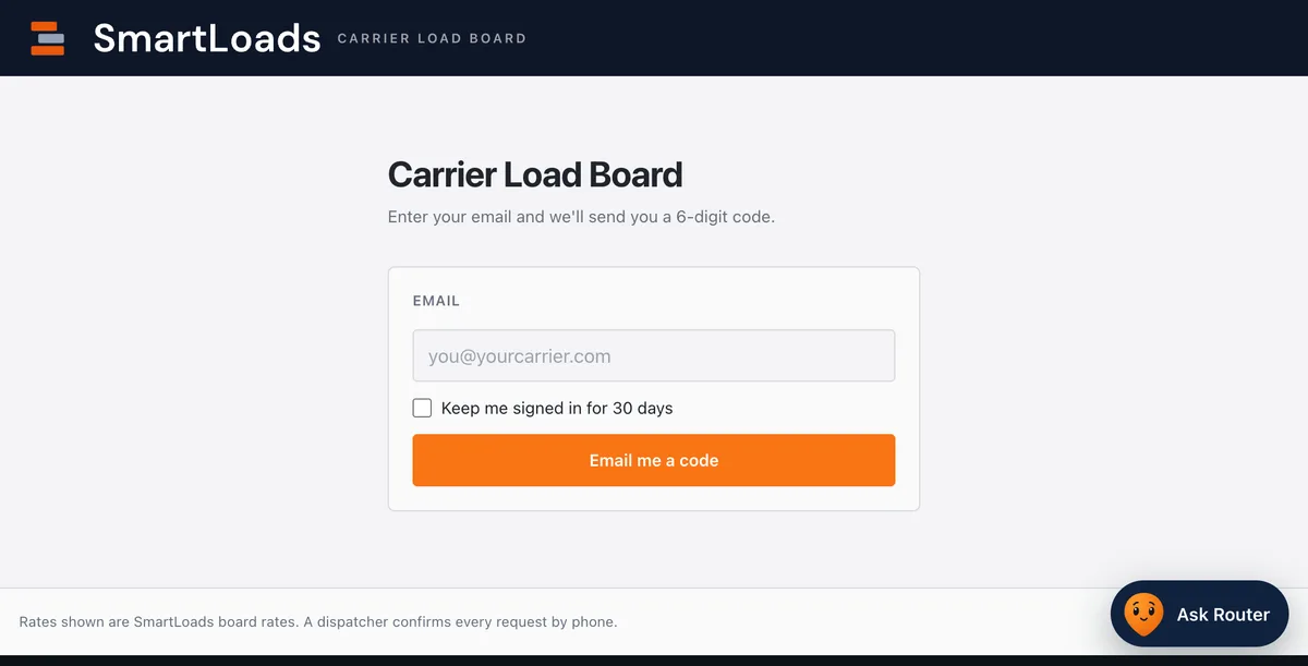 The Carrier Load Board sign-in: an email box, Keep me signed in for 30 days, and the orange Email me a code button